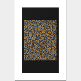 Batik Florals in Deep Mustard and Navy Blue Tones Posters and Art